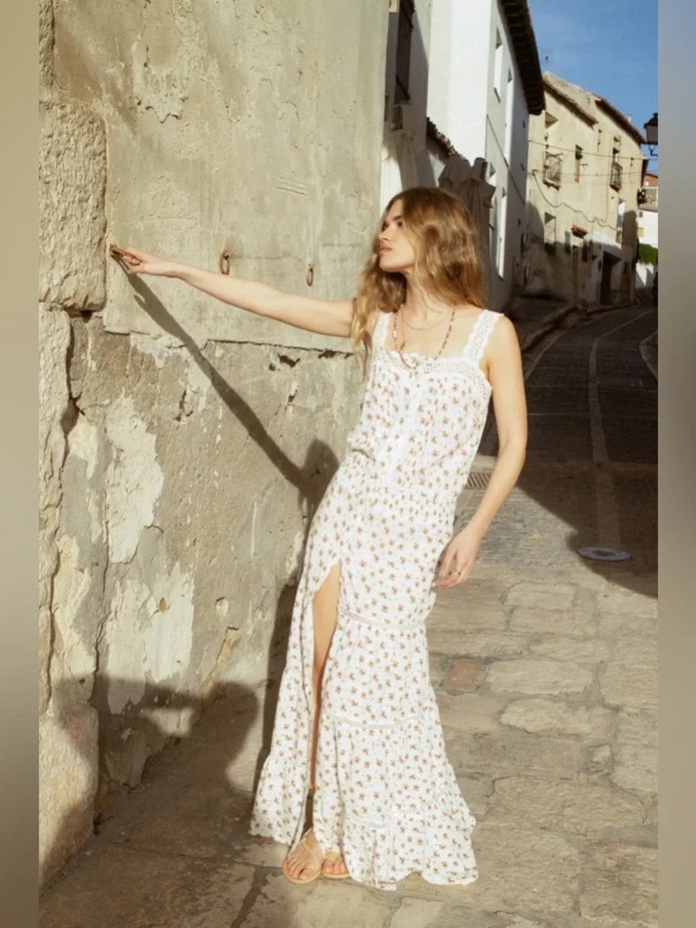 Sonmer Martina Boho White Floral Maxi Dress with Lace Trim
